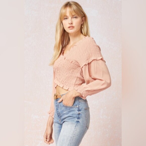 Entro | New Salmon Coral Criss Cross Blouse Cottagecore Country New Large Crop - Picture 3 of 8